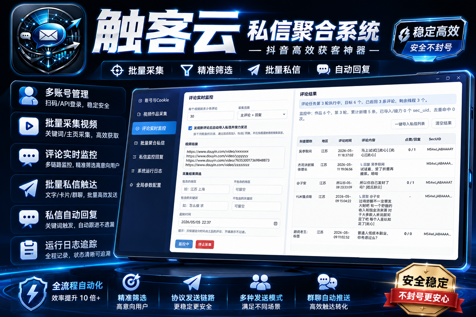 【新品正版】触客云 抖音私信聚合系统 评论协议实时监控 自动私信卡片 私信监控自动回复 群聊回复 自动发货